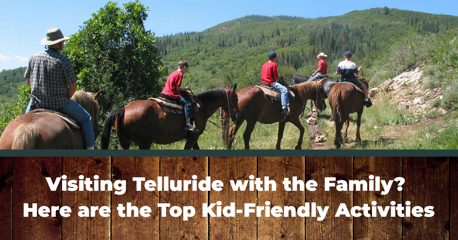 A family in Telluride, trying out kid-friendly activities like horseback riding.