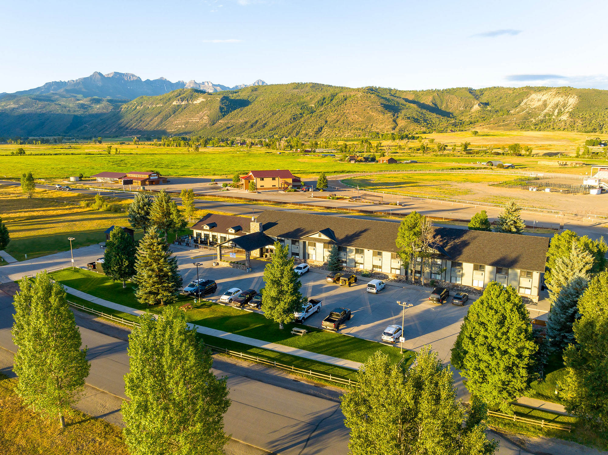 Aerial view of MTN Lodge Ridgway with Mountains